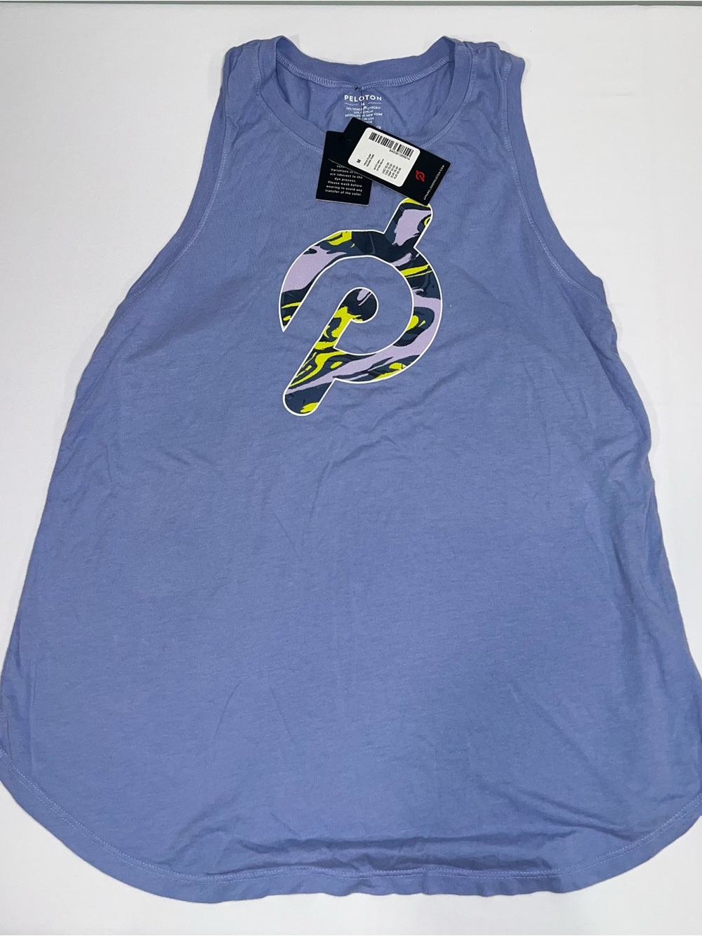 Peloton Lavender Flow Racer Tank with Purple & Neon Green Camo Logo NWT